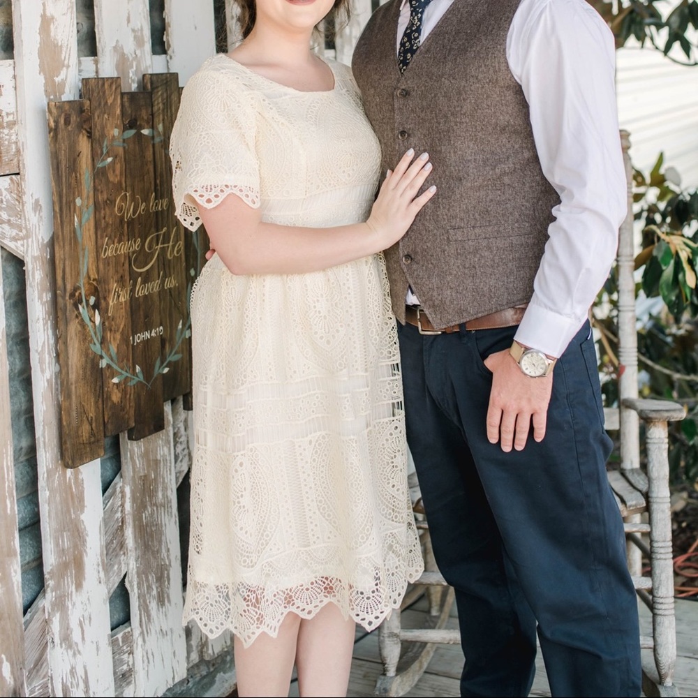 Boho Ivory crochet style lace midi length dress